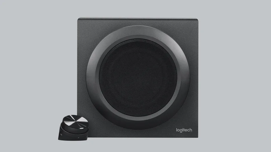 Logitech Z333's subwoofer with volume knob you can place on your desk